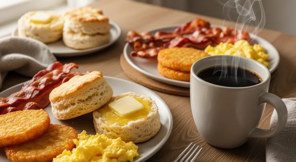 Family air fryer breakfast with kids’ plates, pancakes, eggs, and hash browns on a cozy winter morning.