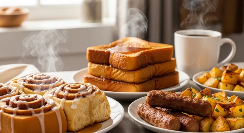Healthy American air fryer breakfast with biscuits, eggs, turkey sausage, and hash browns on a cozy winter morning.