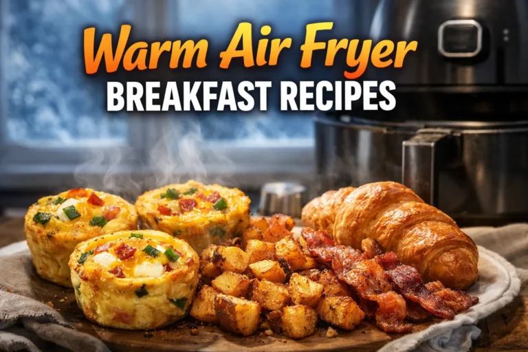 Warm breakfast foods on a cozy winter morning, with text “Warm Air Fryer Breakfasts”.
