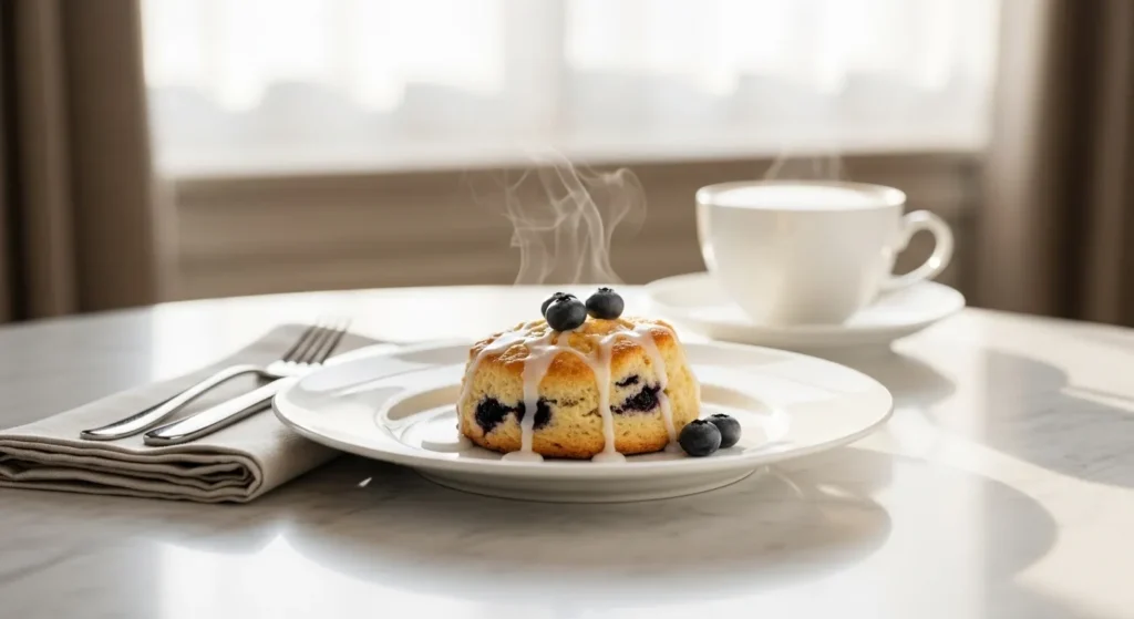 Luxury blueberry scone with glaze on a hotel-style brunch table in winter.
