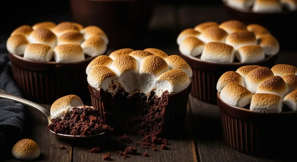 Air fryer brownie cups topped with toasted marshmallows in warm luxury lighting.