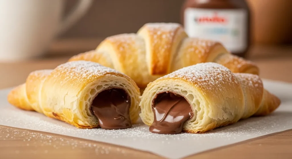 Golden Nutella crescent pastries with melted chocolate center.