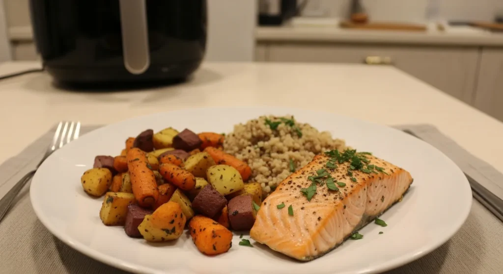 Thick-cut winter vegetables roasting inside an air fryer basket.
