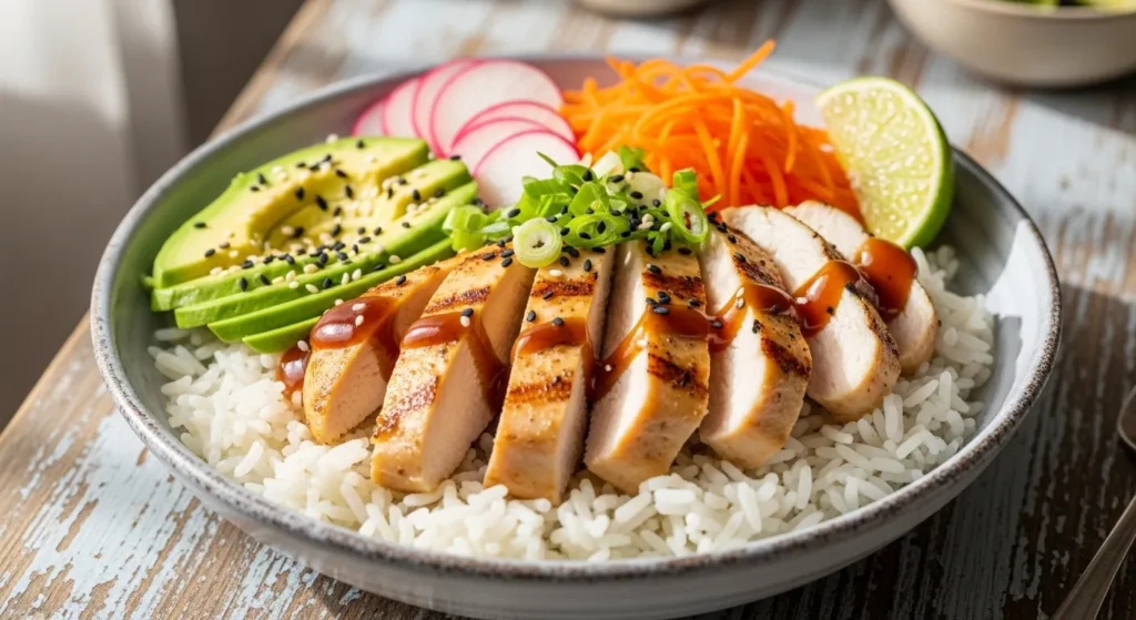 Rice with chicken placed on a table