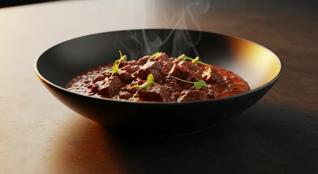 Premium beef chili bowl styled with a modern, upscale presentation.