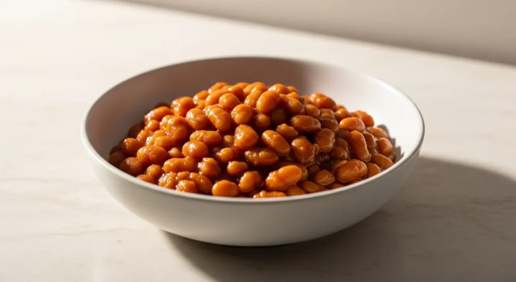 Baked beans served in a light ceramic bowl with a modern, upscale presentation.