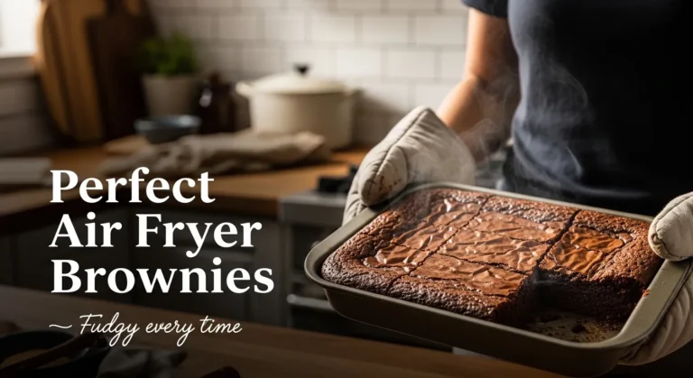 Person holding a pan of fudgy brownies fresh from an air fryer with bold text overlay.