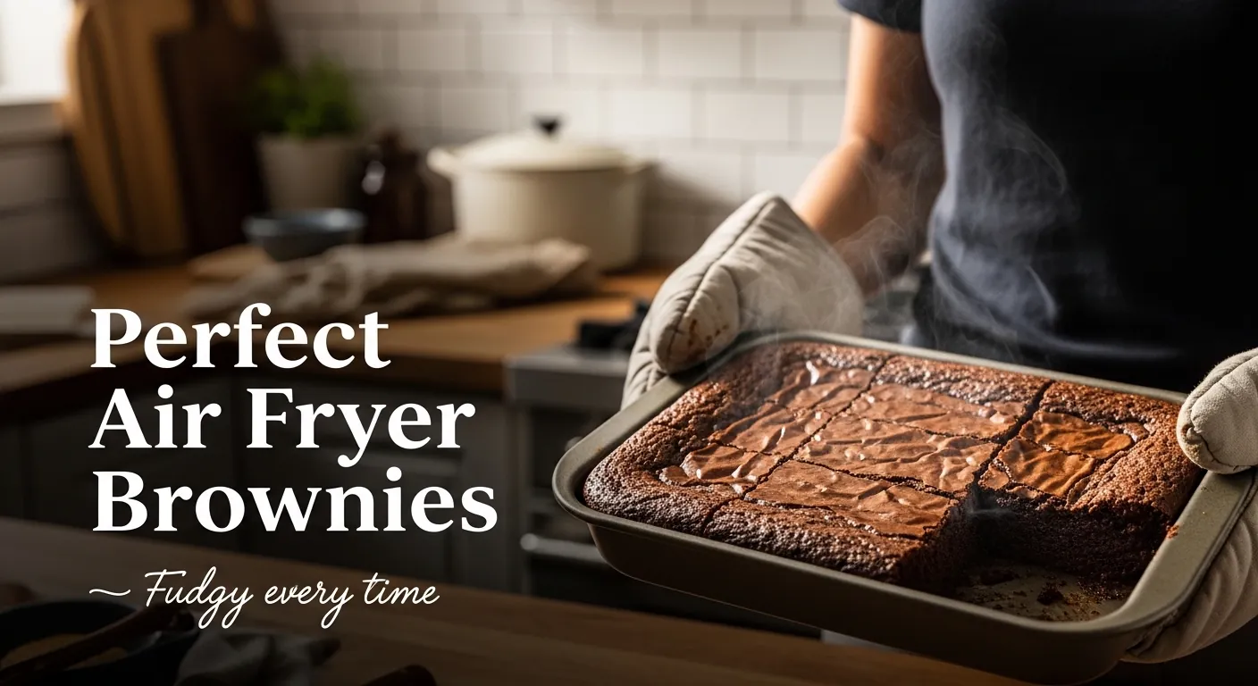 Person holding a pan of fudgy brownies fresh from an air fryer with bold text overlay.