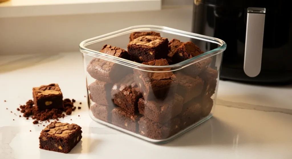Brownies stored in an airtight container with an air fryer in the background.