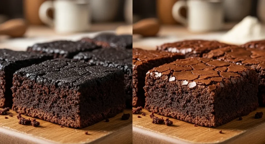 Burnt brownies compared to perfectly baked air fryer brownies.