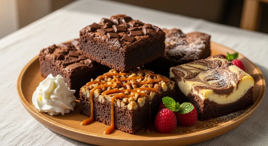 Different types of air fryer brownies with chocolate chunks, nuts, and swirls.
