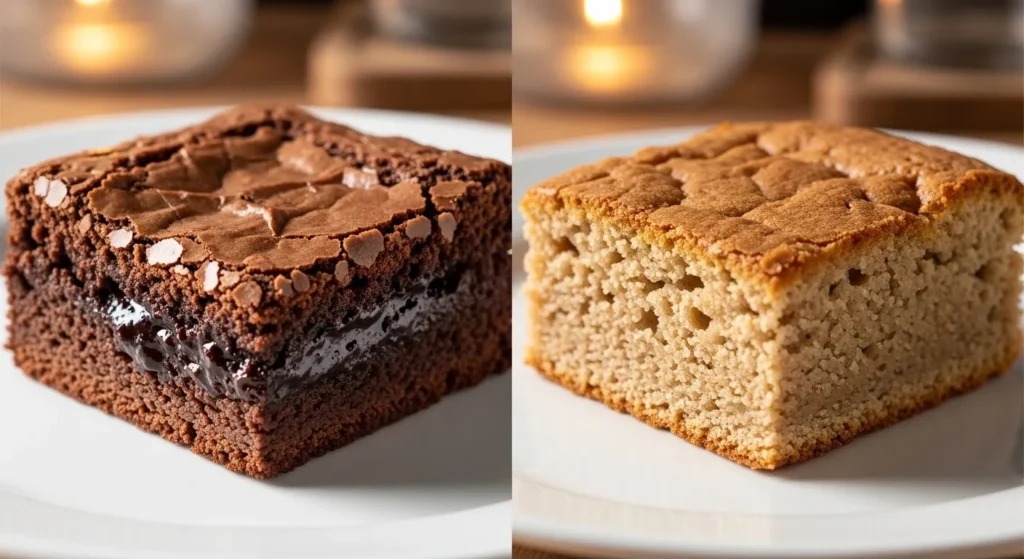 Fudgy brownies compared to cakey brownies showing texture difference.