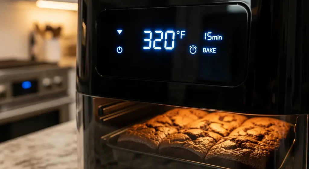 Air fryer set to 320 degrees baking brownies.