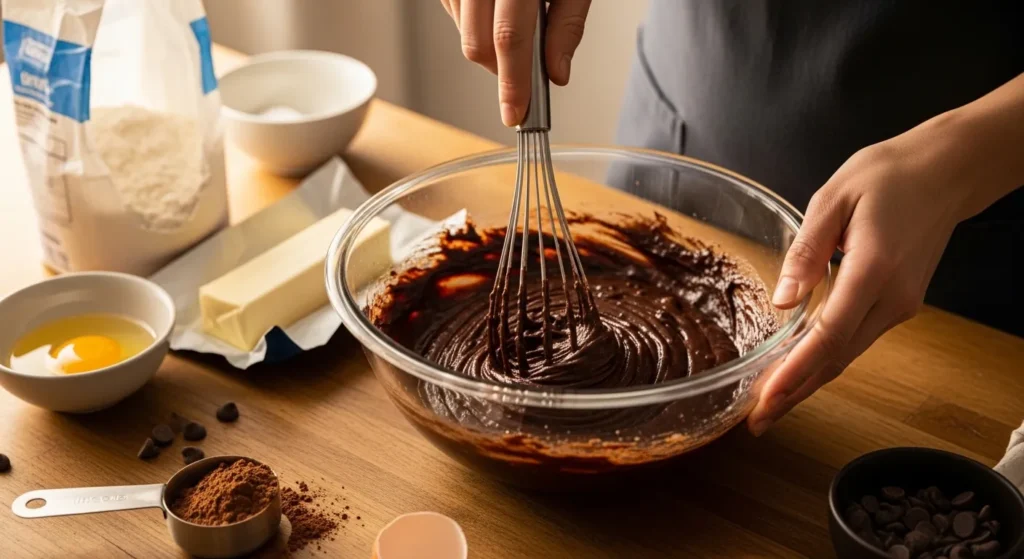 Mixing homemade brownie batter in a bowl on a kitchen counter.