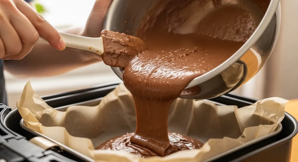 Pouring brownie batter into a lined pan for air fryer baking.