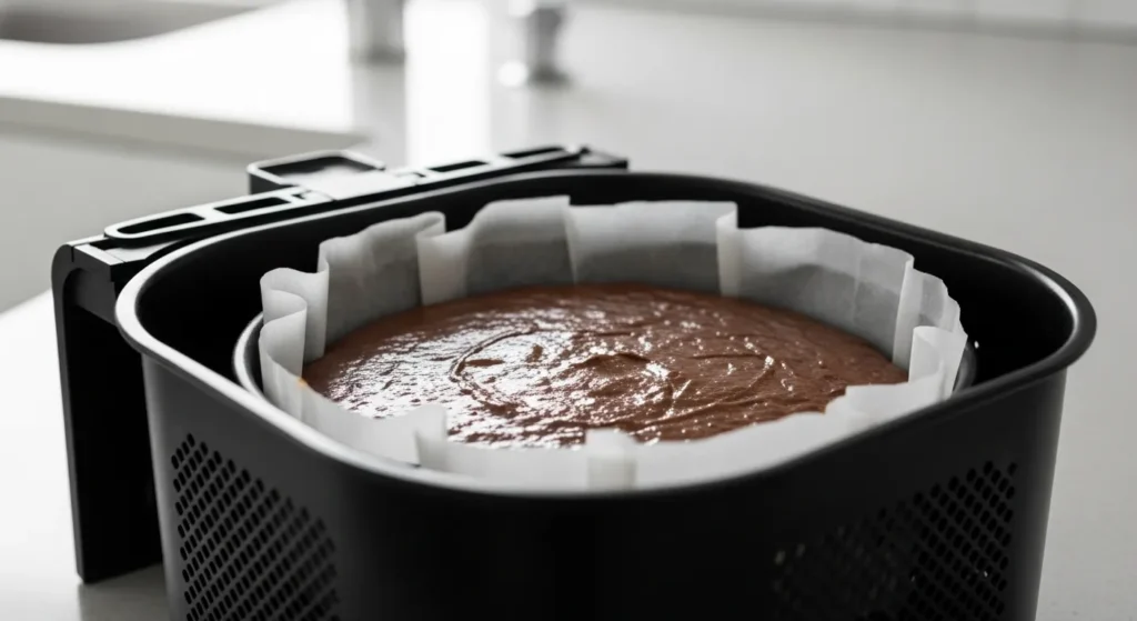 Small baking pan with brownie batter placed inside an air fryer basket.
