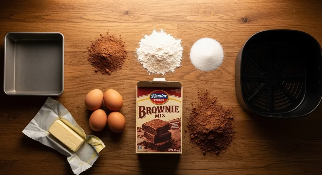 Ingredients and tools for making air fryer brownies arranged on a kitchen counter.