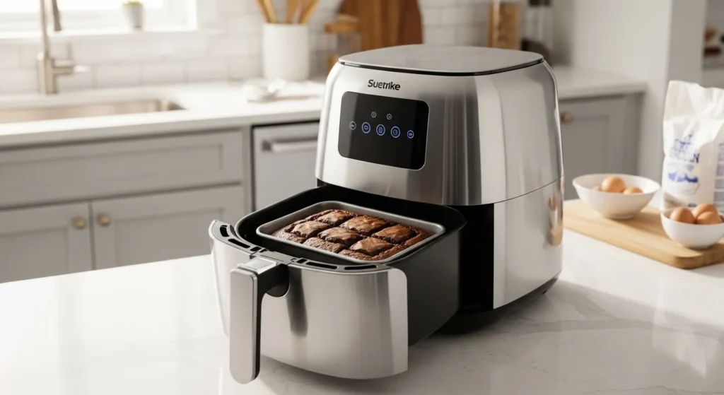 Air fryer with a small pan of brownies baking inside on a kitchen counter.