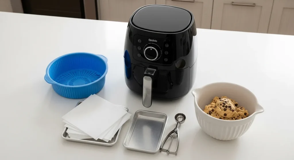 Air fryer baking tools including silicone liners, parchment paper, and cookie scoop.