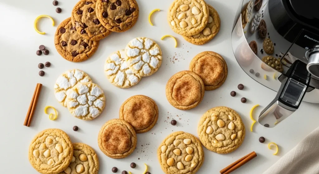 Different flavored cookies baked in an air fryer arranged on a kitchen counter.