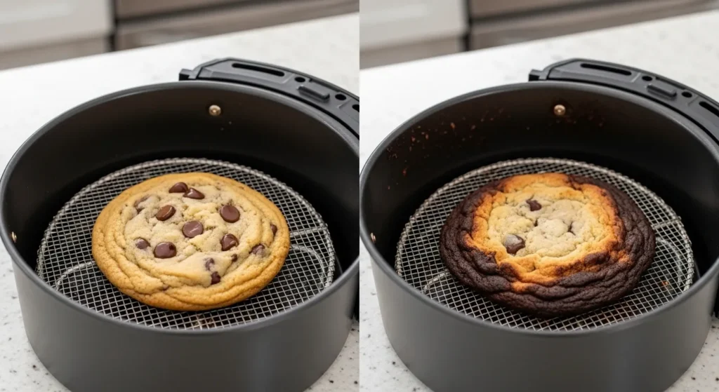 Comparison of perfect air fryer cookies and burnt cookies showing baking mistakes.