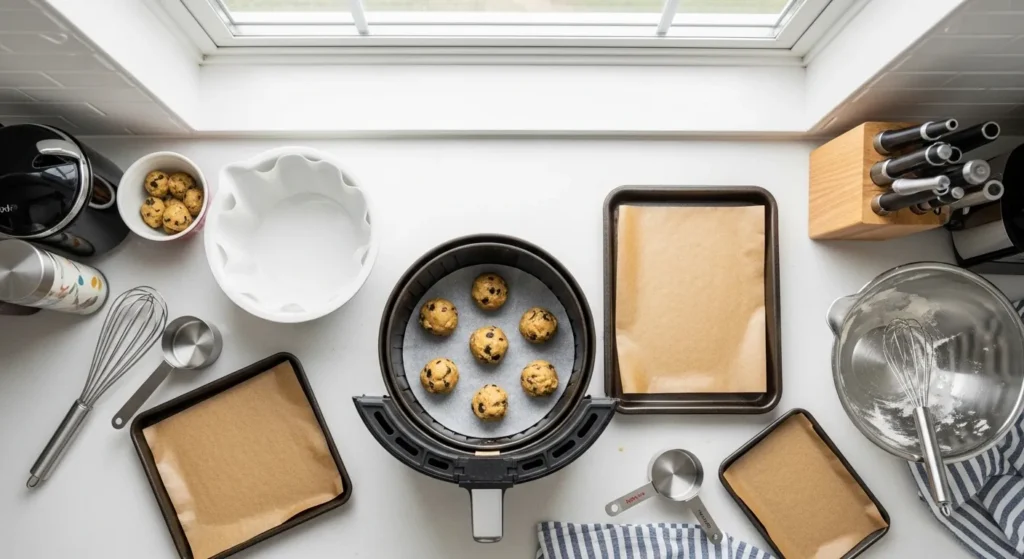 Preparing cookie dough on parchment paper inside an air fryer basket for baking cookies.