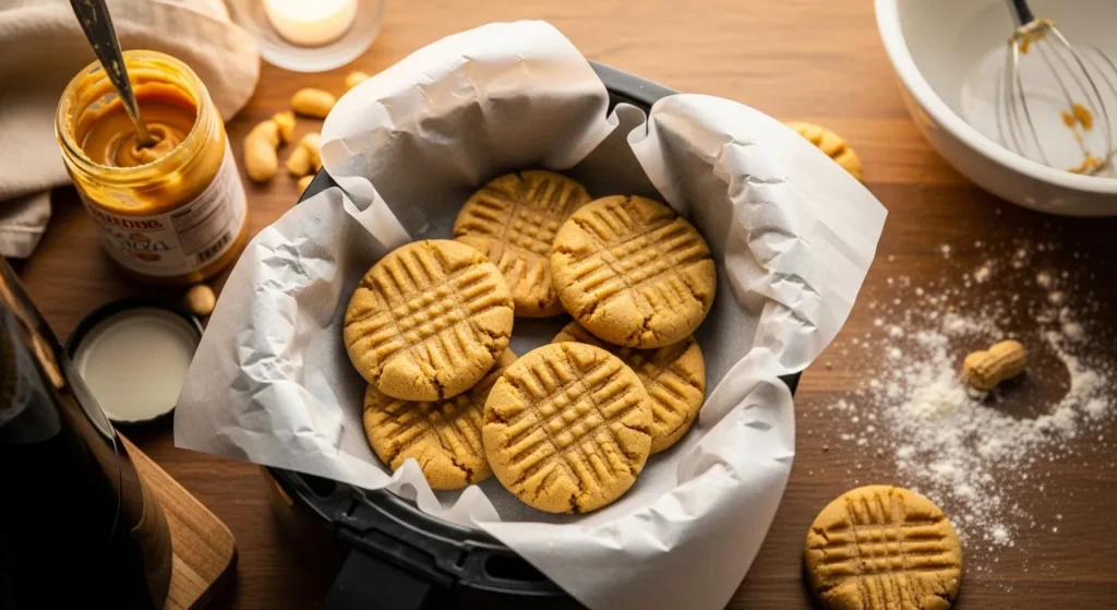 Peanut butter cookies baking in an air fryer with fork pattern on top.