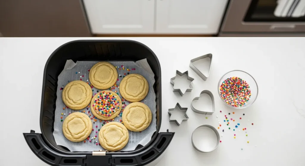 Sugar cookies baking inside an air fryer basket on parchment paper.