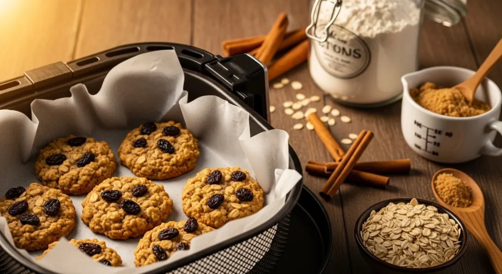 Oatmeal raisin cookies baking inside an air fryer basket.