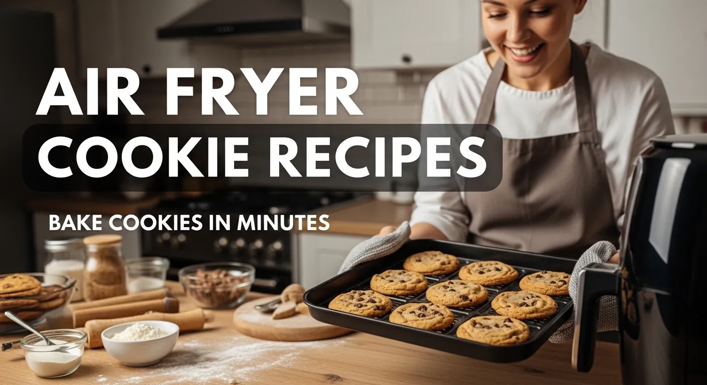Person holding freshly baked cookies from an air fryer with title Air Fryer Cookie Recipes.
