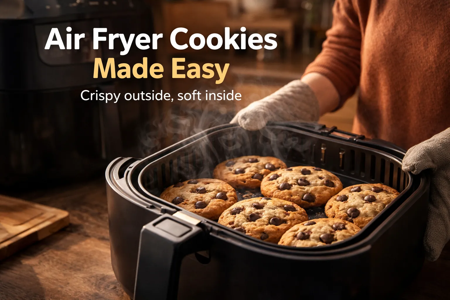 Person removing freshly baked cookies from an air fryer basket with bold text overlay about easy air fryer cookies.