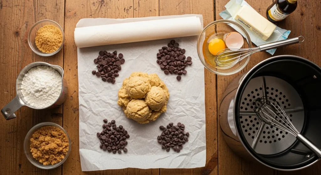 Ingredients and tools needed for air fryer cookies arranged on a kitchen counter.