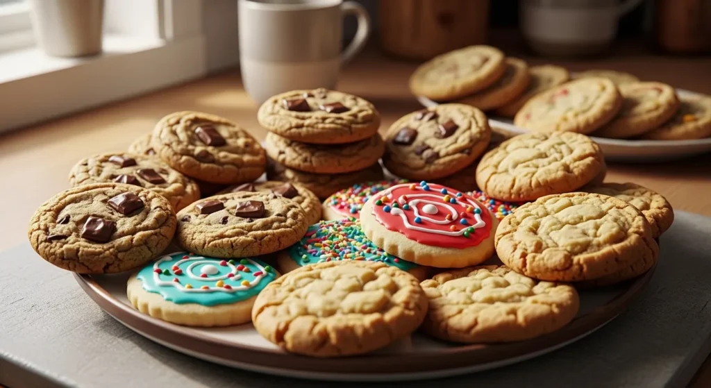 Different types of air fryer cookies including chocolate chip and sugar cookies.