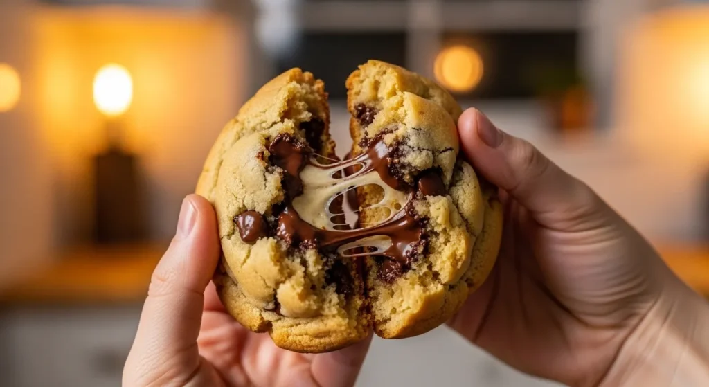 Cookie broken in half showing soft center and crispy edges from air fryer baking.