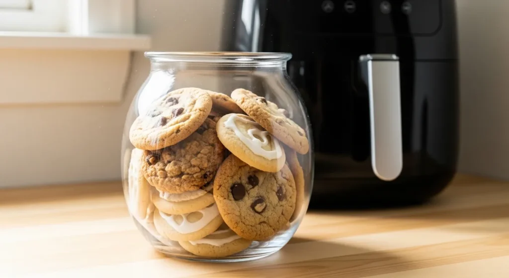 Cookies stored in an airtight container with an air fryer in the background.