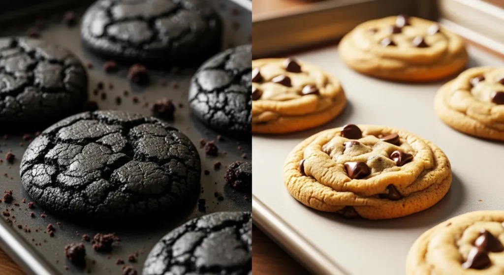 Burnt cookies compared to perfectly baked air fryer cookies.