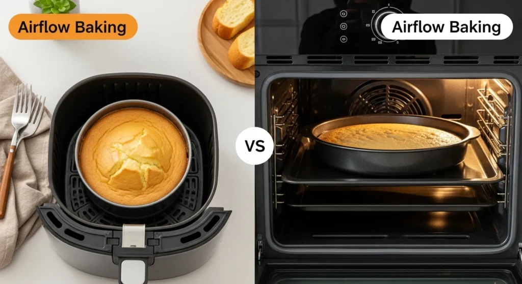 Side-by-side comparison of cake baking in an air fryer and a traditional oven.