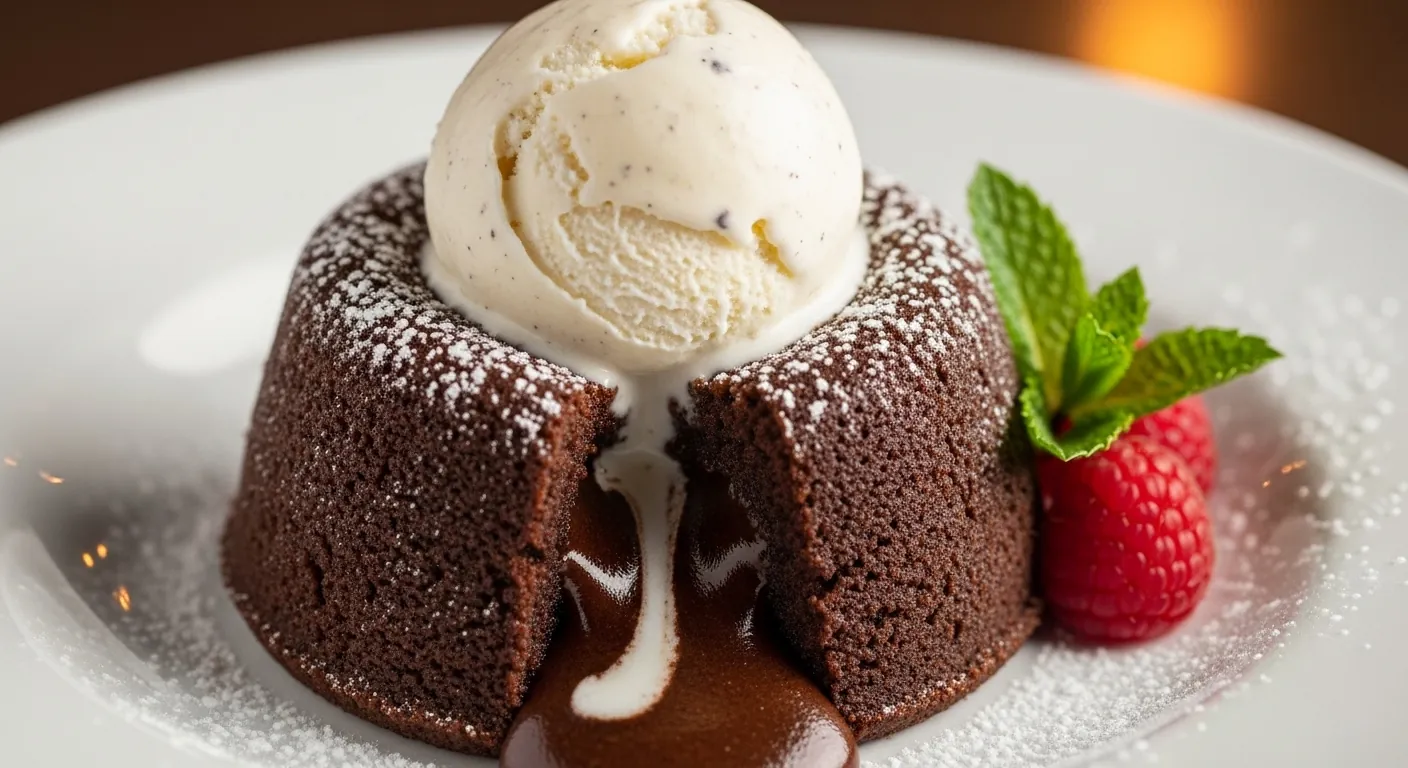 A Lava cake placed in a plate with ice cream on top.