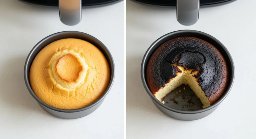 Person checking a burnt cake in an air fryer after a baking mistake.