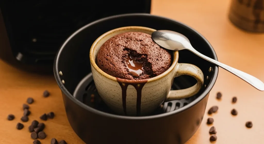 Chocolate mug cake cooked in an air fryer with melted chocolate center.