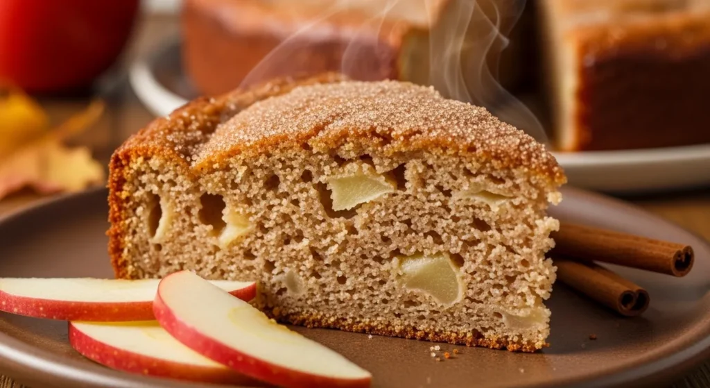 Apple cinnamon cake slice baked in an air fryer with cinnamon topping.