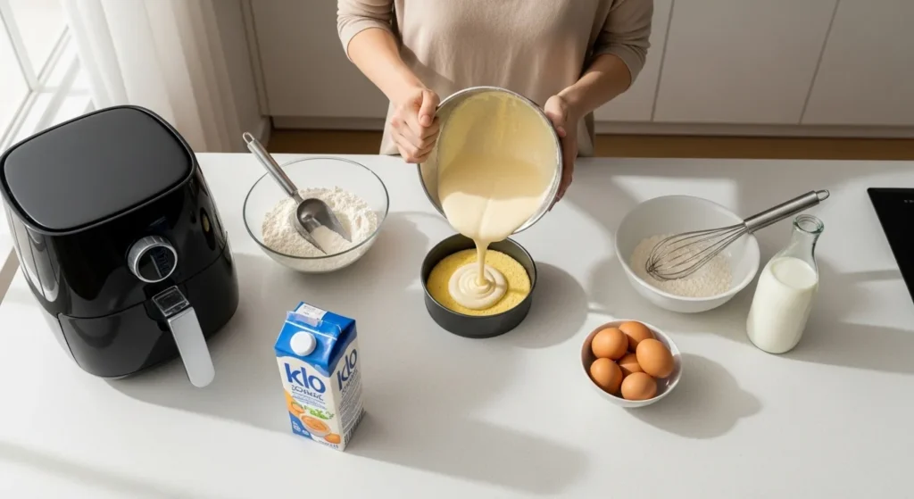 Preparing cake batter for baking in an air fryer.