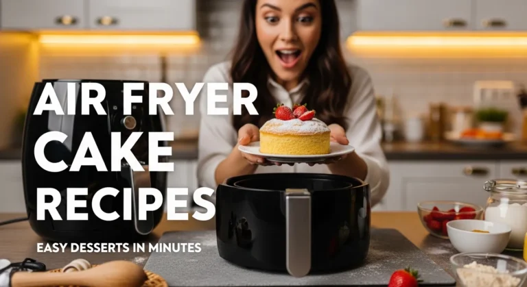 Woman holding a freshly baked cake from an air fryer with the title Air Fryer Cake Recipes.