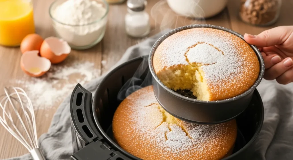 Fresh vanilla cake baked in an air fryer pan on a kitchen counter.