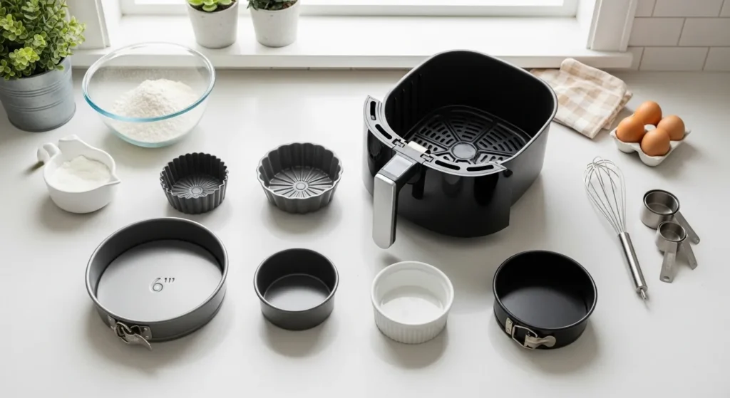 Small baking pans like ramekins and 6-inch cake pans help cakes bake evenly in an air fryer.