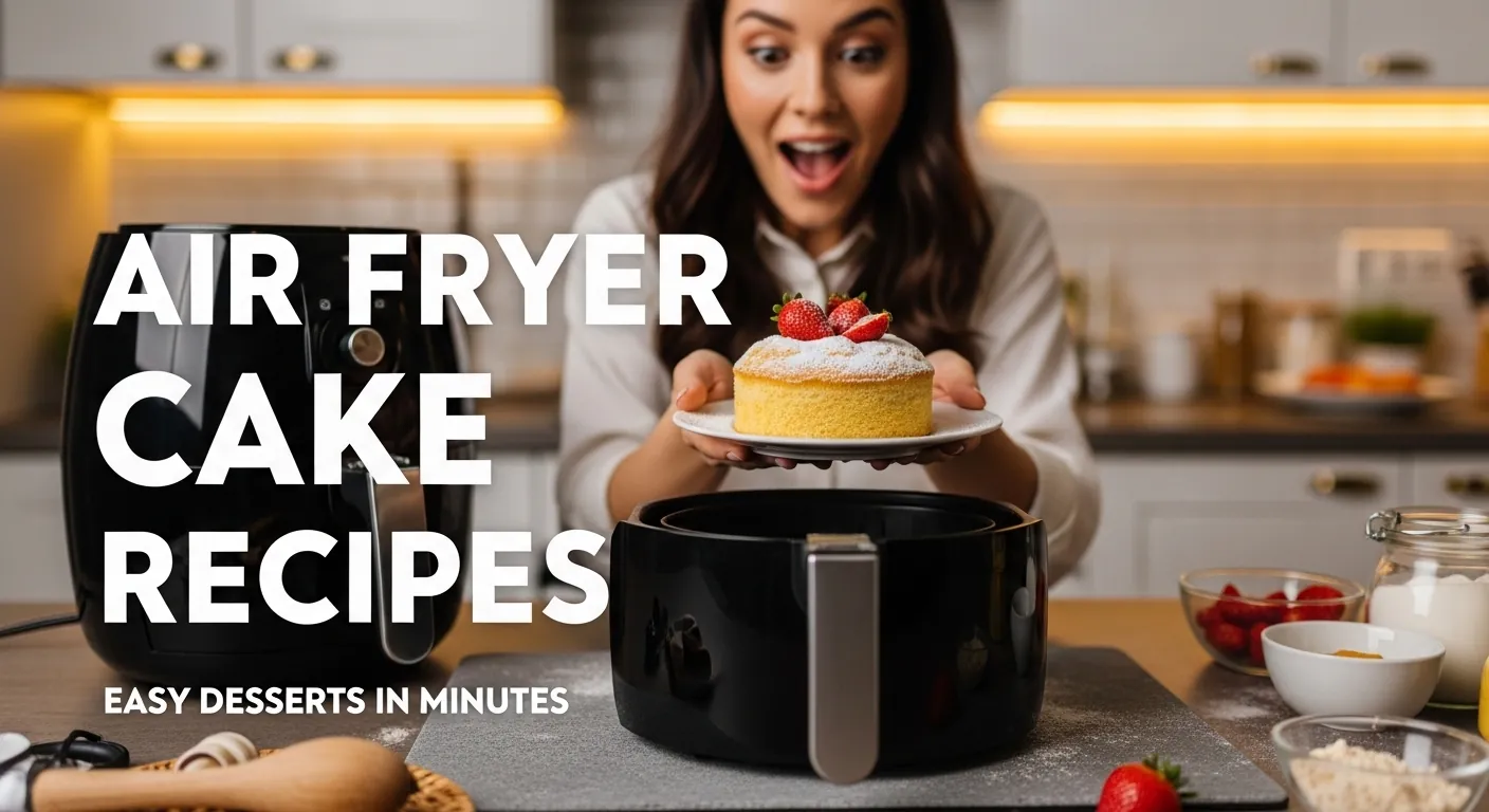 Woman holding a freshly baked cake from an air fryer with the title Air Fryer Cake Recipes.
