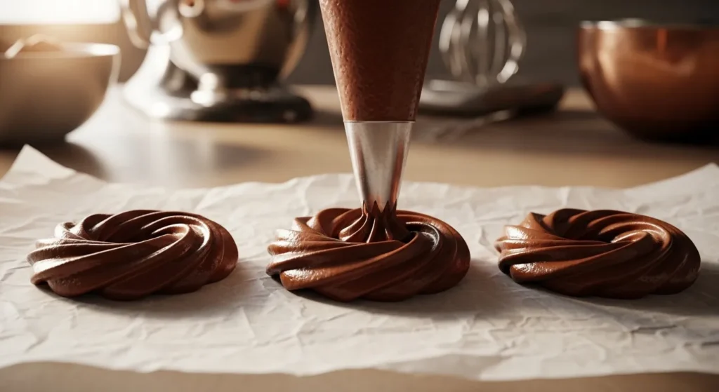 Piping cake donut batter into shapes on parchment paper in a luxury kitchen.