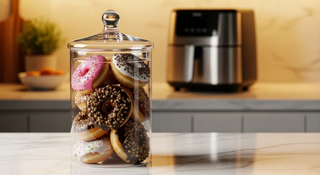 Donuts stored in a glass container on a marble kitchen counter with an air fryer behind.