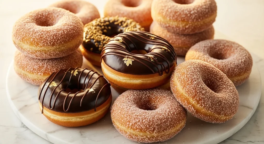Variety of glazed and sugar-coated air fryer donuts on a premium serving plate.