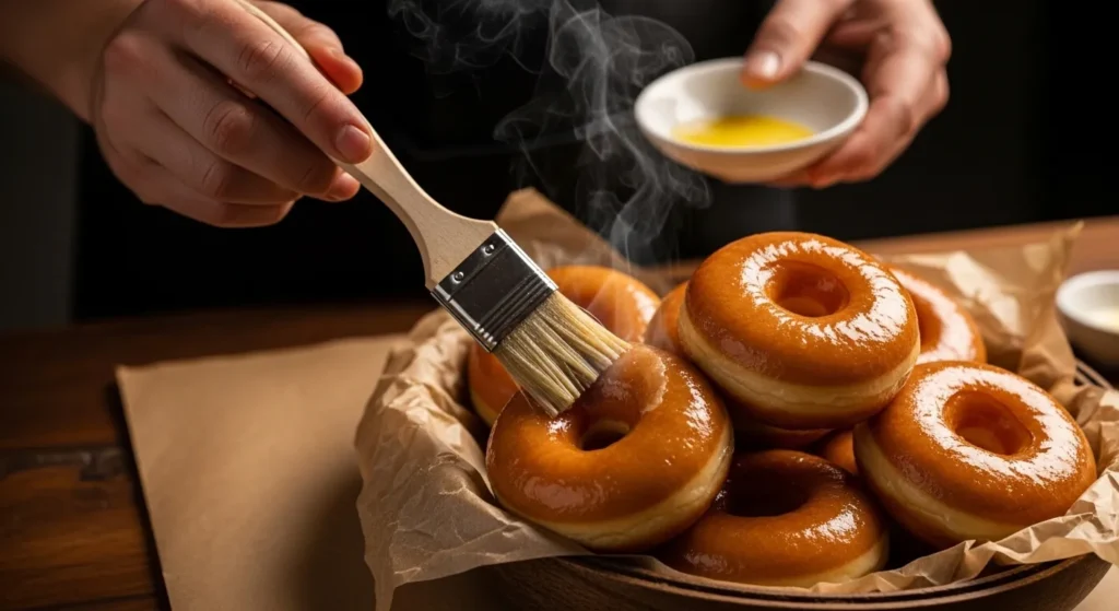 Brushing butter on freshly cooked donuts to keep them soft and moist.